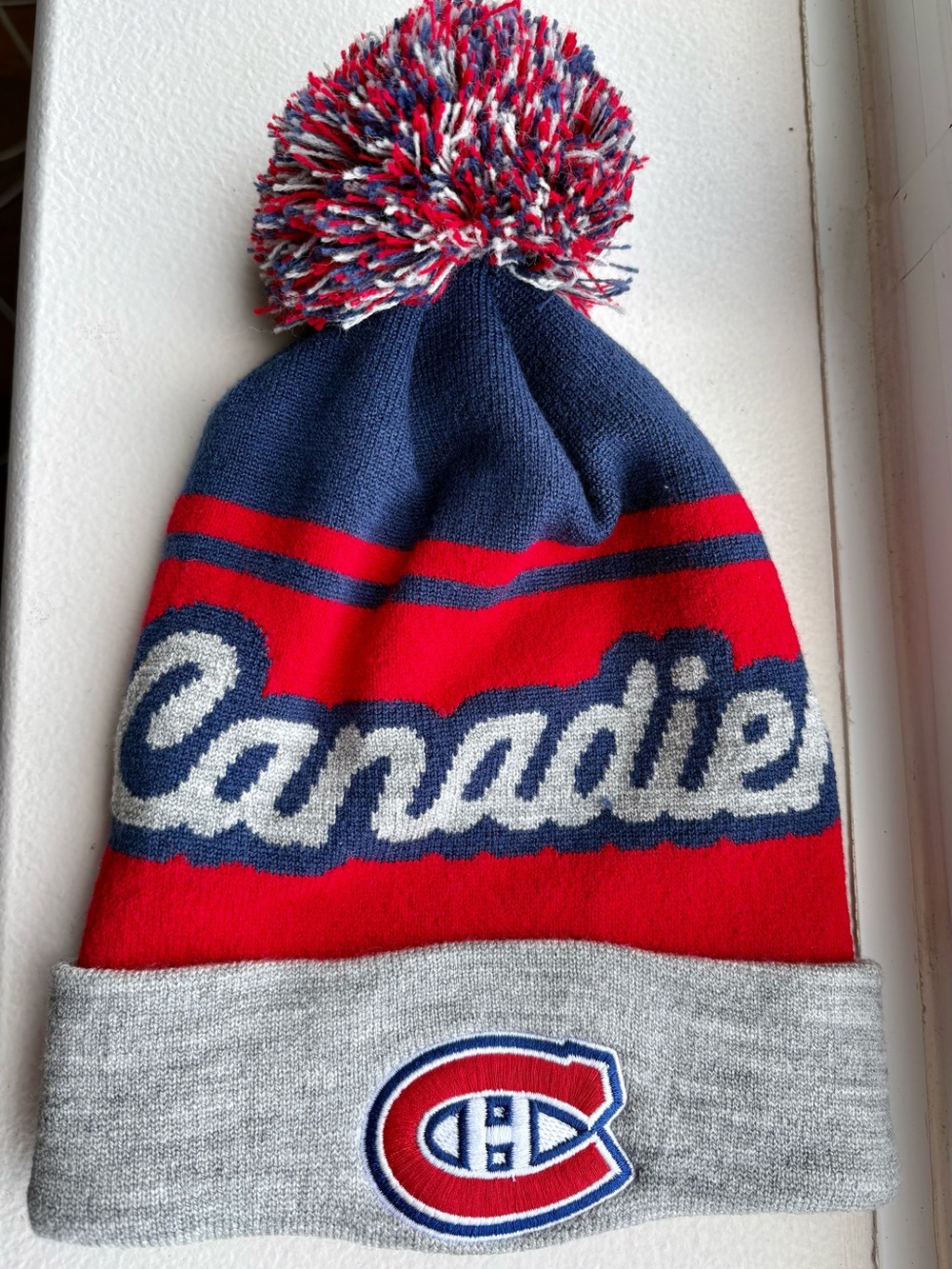 Montreal Canadiens Red, Navy & Gray Pom Knit Beanie - Hockey Cuff Hat